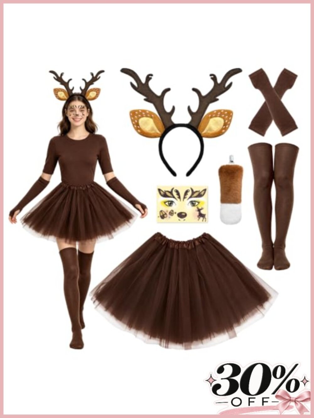 Reindeer Costume Set Dress Antlers Stockings